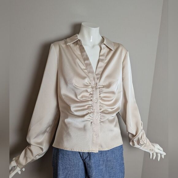 House of Harlow Satin Ruched Blouse – Champagne Beige – Size Medium - Picture 1 of 8